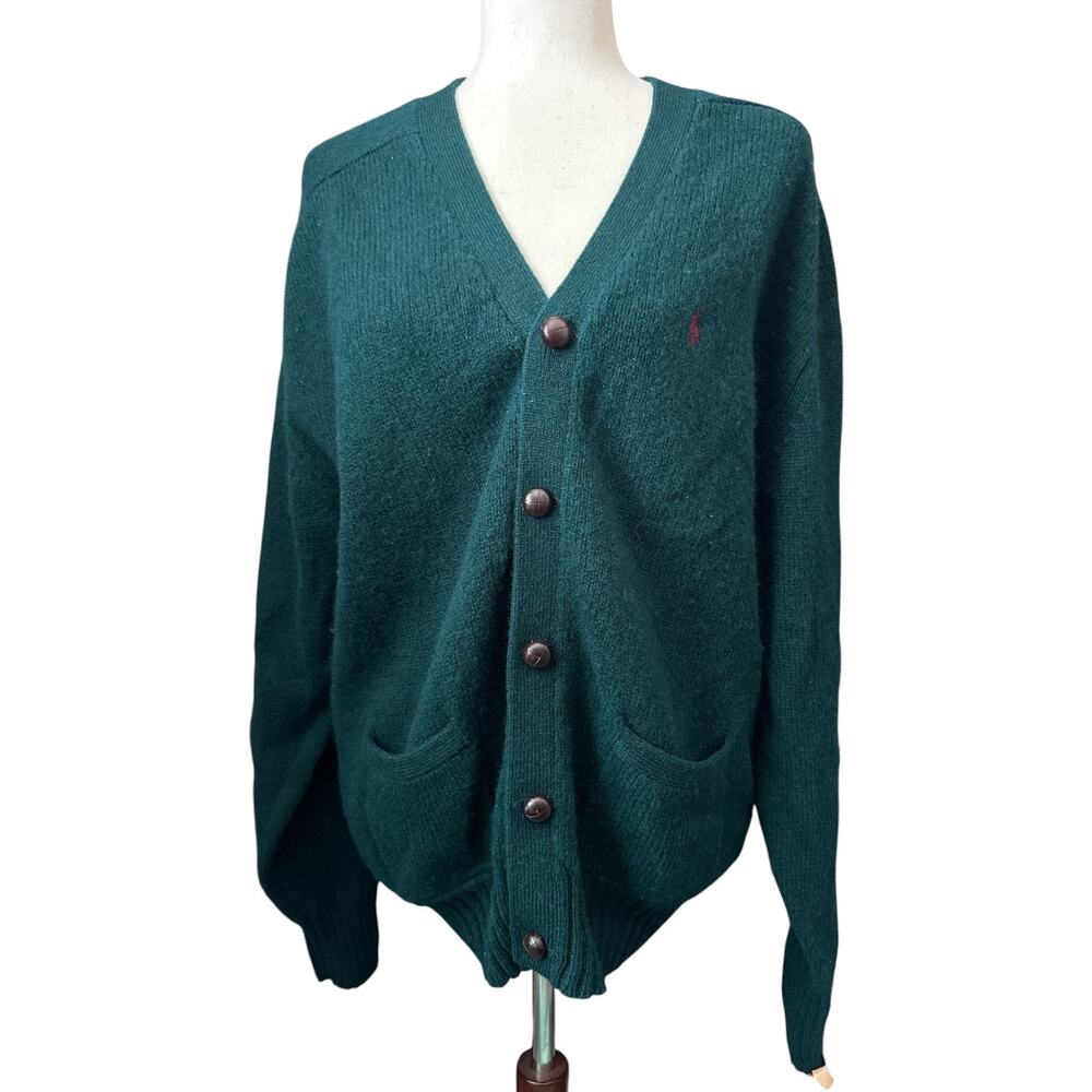 Vintage Polo Ralph Lauren 100% Wool V Neck Cardigan Horn Buttons
